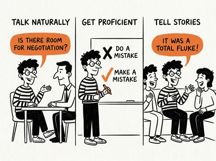 Three panels with the same learner. Talk naturally: asking a manager, Is there room for negotiation? Get proficient: a whiteboard with an X beside DO A MISTAKE and a tick beside MAKE A MISTAKE. Tell stories: telling laughing friends, It was a total fluke!
