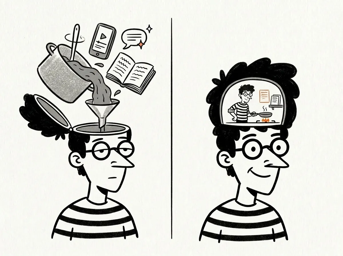 Left: a student with the top of their head open while a video, a textbook and an AI chat pour a ready-made meal in. Right: the same student with a tiny version of themself cooking inside their own head.