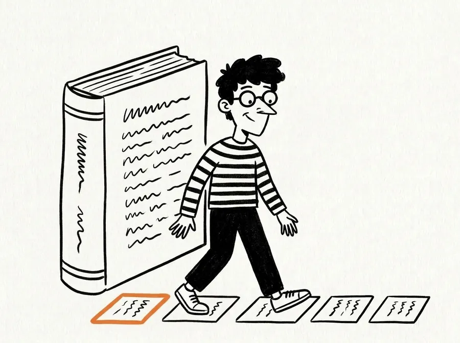 The learner has cut a huge book into five small cards and steps onto the first one.